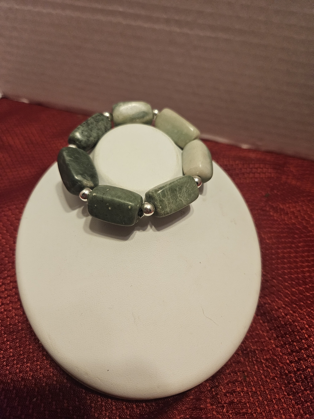 Green Jade Stone Bead Stretch Bracelet with Silver Accents